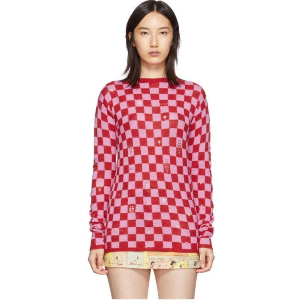 Marc Jacobs Red and Pink The Checkered Crewneck Sweater Wool/Cashmere Blend.